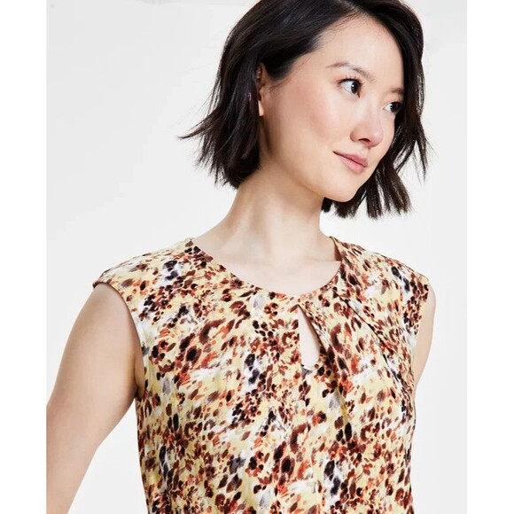 Kasper Women's Pleated-Neck Printed Crewneck Sleeveless Top XS - Picture 2 of 5